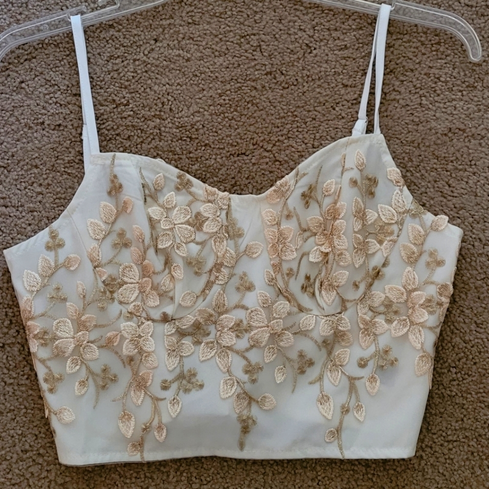 Shein cream and gold embroidered bustier top size small NWOT